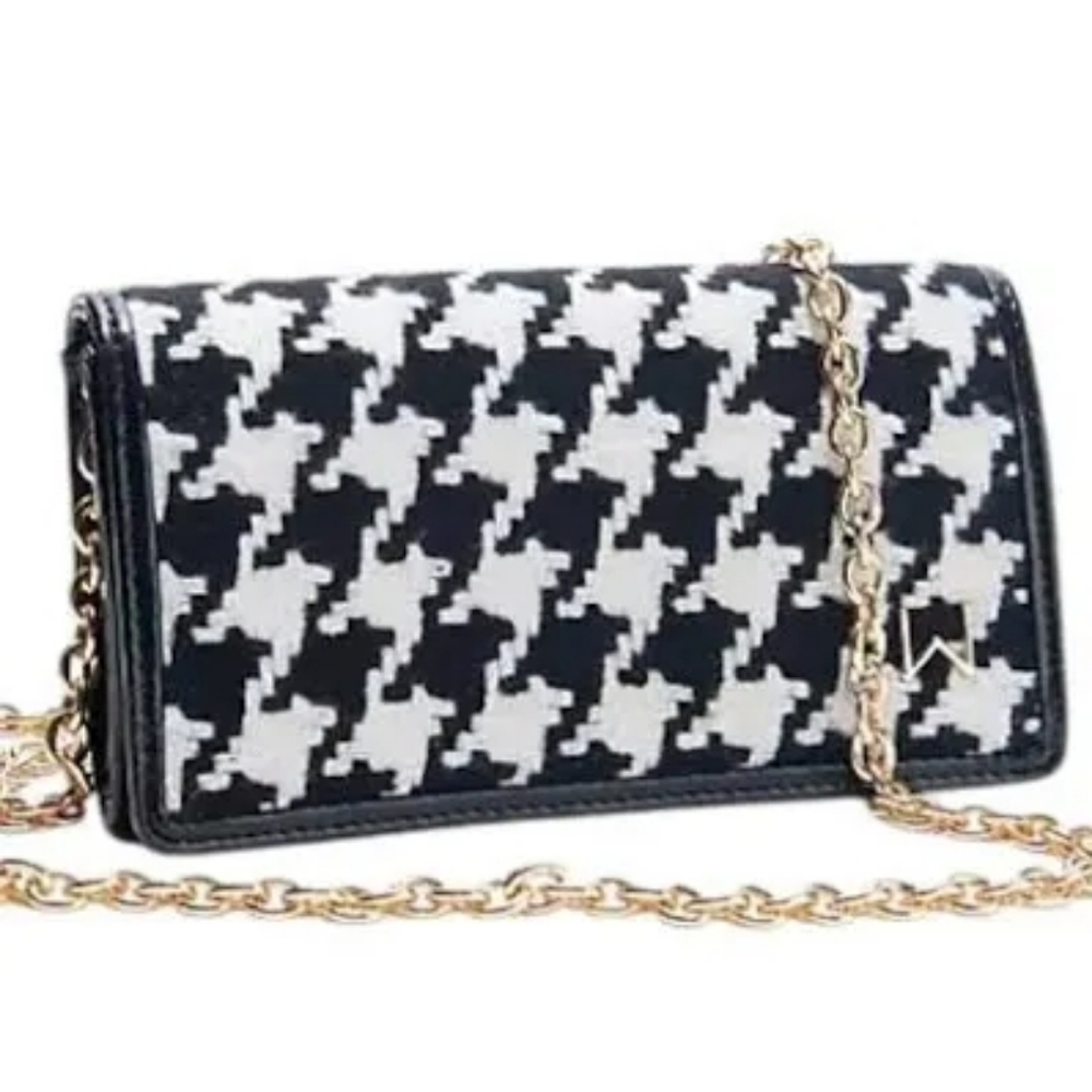 NWT House Of Want Black White Houndstooth Gold Hardware Crossbody Wallet